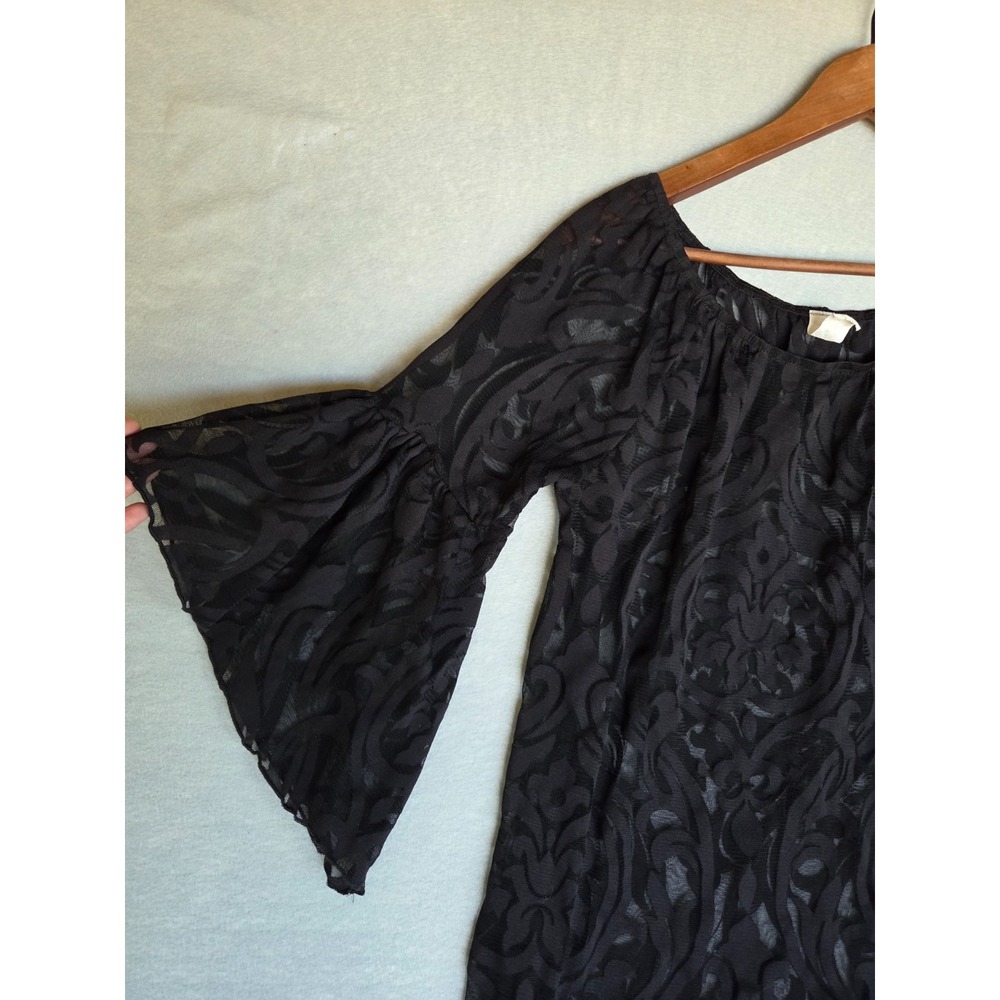 Black Sheer Mesh Burnout Print Bell Sleeve Witchy Gothic Top XL